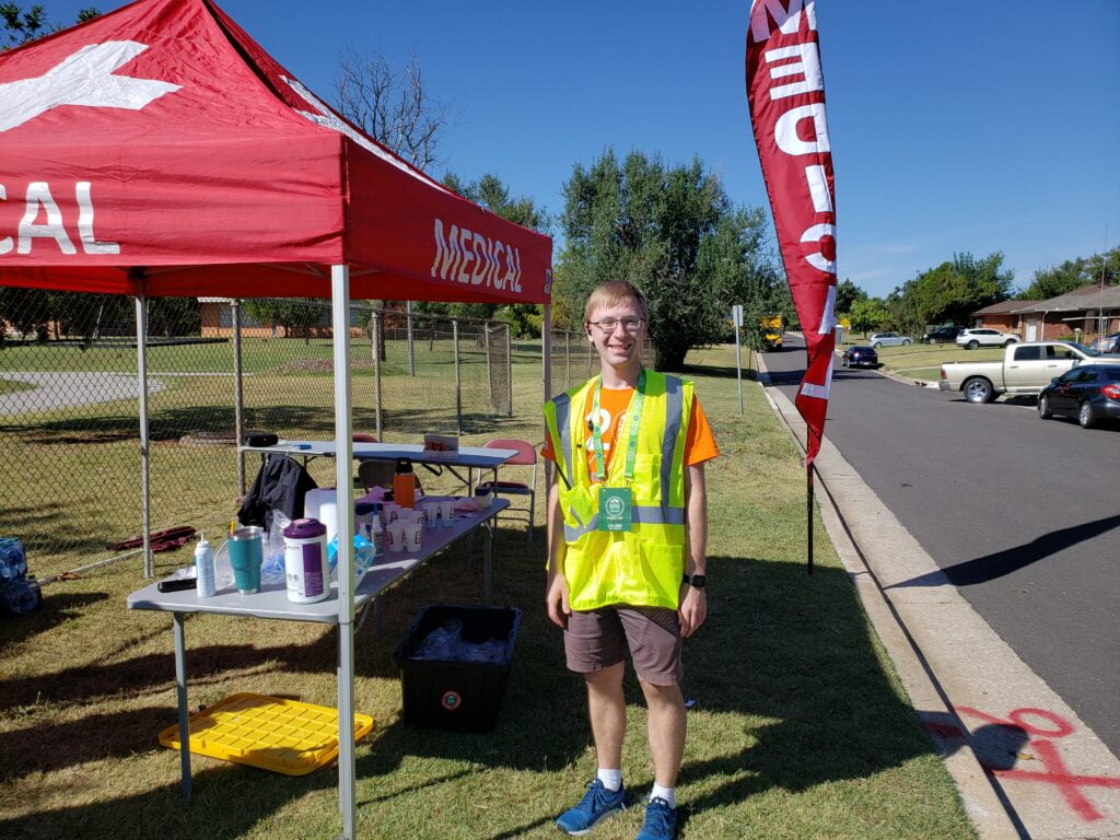 Nathan Lis volunteering at Oklahoma City Memorial Marathon medical station.